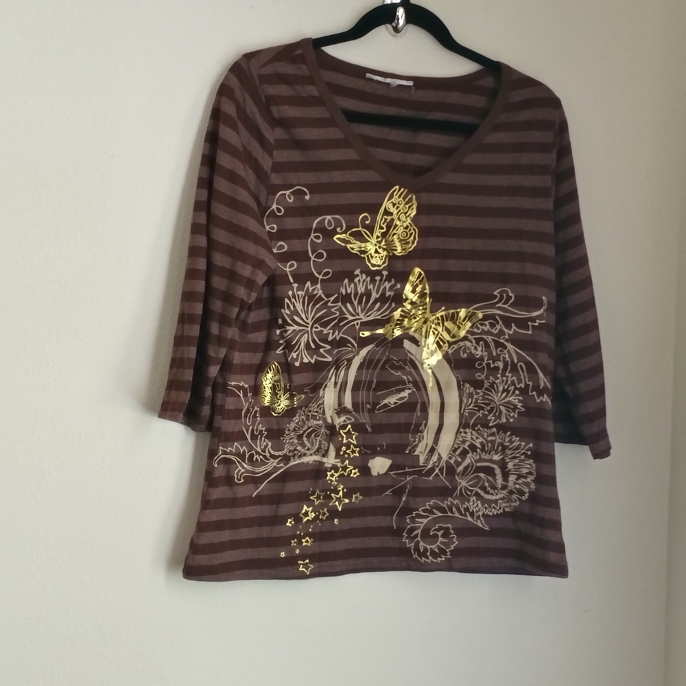 Blouse Women Large Brown and Gold Striped Top Graphics Academia Casual Artsy Y2K